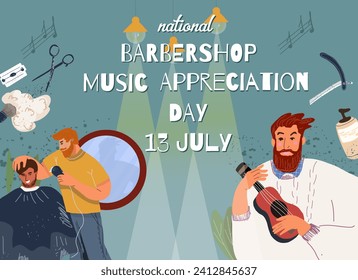 Vector flat illustration of banner, characters of male customers and barbershoppers dealing with haircut, hair care, beard, playing guitar, ukulele, musical, barbershop equipment. 