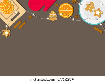 Vector flat illustration  banner with copy space. Decorated on top with garland and food for Christmas dinner. Tasty fragrant gingerbread cookies on plant, cinnamon, oranges on kitchen table