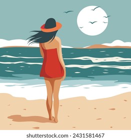 Vector flat illustration banner hello summer vacation. A girl on vacation on the beach in a bright dress and hat. Back view. Tanned girl. Walk along the seashore