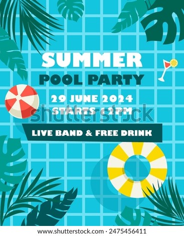 Vector flat illustration. Banner invitation to a party near the pool. Image of a swimming pool, water ball, swimming circle.