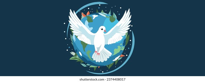 Vector flat illustration. Banner poster mseto for text. International Day of Peace. A dove with outstretched wings against the backdrop of the planet. Peace sign, dove