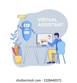 Vector Flat Illustration Banner. Voice Virtual Assistant Young Guy sitting Computer Talking Electronic Bot. New Technology Artificial Intelligence Friend Blue Chat Bot Holds Right Hand