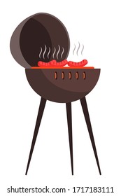 Vector flat illustration of barbecue isolated object. Street round brazier for cooking on charcoal fire, frying meat, grilling steak or kebab. Family or friends weekend pastime. Home party or picnic