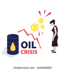 Vector flat illustration of barrel of oil with red falling arrow of the economic chart and dollars coins. Financial world crisis concept. Down of oil price, market decline, woman investor is in shock
