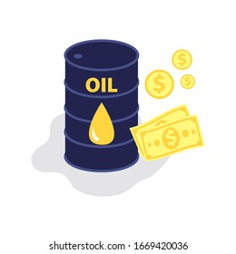 Vector flat illustration of barrel of oil with dollars cash and coins. Financial world crisis concept. Down of oil price, market decline, economy is in shock
