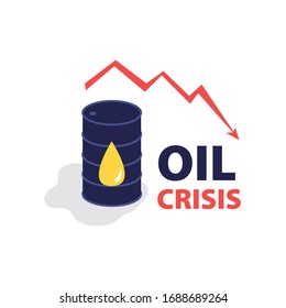 Vector flat illustration of barrel of oil with red falling arrow of the economic chart. Financial world crisis concept. Down of oil price, market decline, economy is in shock
