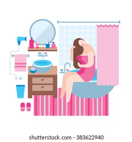 Vector flat illustration: bathroom with woman 