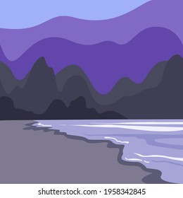 Vector flat illustration. Beach. Coast. Sea. Ocean. Travel. Sunset.