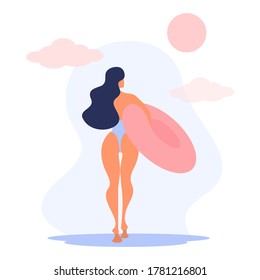 Vector flat illustration of beach holidays or summer rest. Woman or young girl in a swimsuit on the beach.