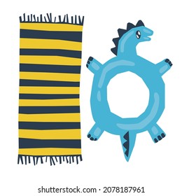 Vector flat illustration with a beach mat and an inflatable dragon ring. The concept of beach holidays, tourism, travel. You can use the element of web design, banners.