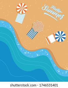 Vector flat illustration of a beach and the ocean, beach umbrellas and towels. Hello summer lettering text.