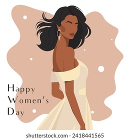 Dibujo vectorial plano de una hermosa mujer africana con un elegante vestido fluido con los hombros desnudos. Plantilla de tarjetas de felicitación del Día Internacional de la Mujer en colores pastel.
