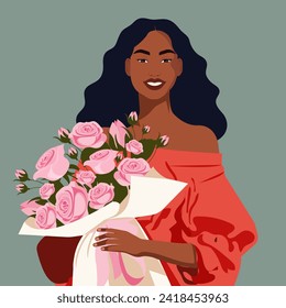 Ilustración vectorial plana de una hermosa mujer africana con un ramo de rosas. Plantilla de tarjetas de felicitación para el Día Internacional de la Mujer, cumpleaños y más.

