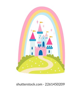 Vector flat illustration of a beautiful castle shining under a rainbow. Fairytale landscape with palace isolated on white. 