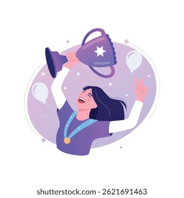 Vector flat illustration of a beautiful girl with a cup and medal. illustration for victory, winning
