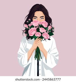 Vector flat illustration of a beautiful white oversized shirt holding a bouquet of pink roses in front of her.
