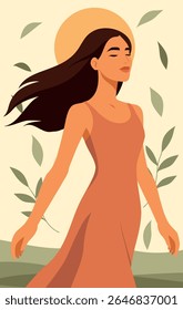 Vector flat illustration of beautiful woman on nature background with leaves. Symbol of happiness, health, ovulation, cycle, harmony and female energy. Use for women's projects and health