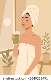 Ilustração plana vetor, linda mulher em toalha com turbante na cabeça desfrutando de smoothie fresco. Momento da manhã, privacidade e autocuidado. Para projetos de saúde e cosmetologia para mulheres