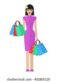 Vector flat illustration of a beautiful young  asian woman with shopping bags. 