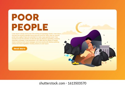 vector flat illustration big brother is hugging his little brother between trash garbage and dirt .