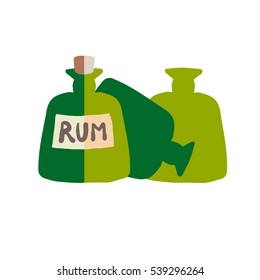 Vector flat illustration of big green glass bottles of rum with old label, empty and full in a pile. Isolated on white background