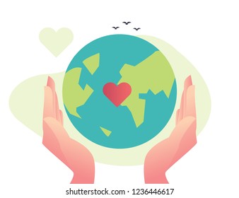 Ilustración plana vectorial, gran mano sosteniendo la tierra verde, amor corazón tierra, salvar el planeta, Día Mundial del Medio Ambiente, tecnología Bio