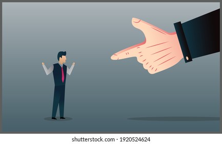 vector flat illustration of big hand pointing at a businessman