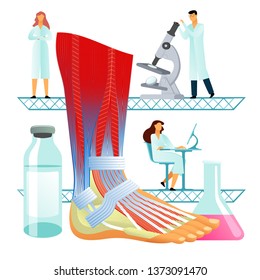 Vector flat illustration, big human foot on white background, medical research. Scientists and doctors examine shin and foot, look through a microscope and monitor. Bottles and Medication Packages
