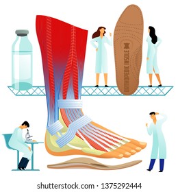 Vector flat illustration, big human foot on white background, medical research. Scientists and doctors examine shin and foot, look through a microscope and monitor. Bottles and Medication Packages