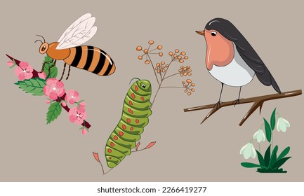 Vector Flat Illustration of a Bird, Bee, and Goose