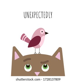 Vector flat illustration of a bird sitting on a cat's head. 