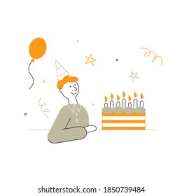 Ilustración vectorial plana de la fiesta de cumpleaños. Un niño con torta de cumpleaños y decoraciones.