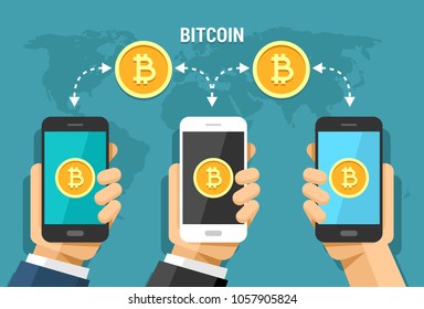 Vector flat illustration of bitcoin transfer between users all around the world. Bitcoin cryptocurrency technology operation