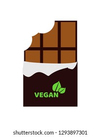 Vector flat illustration of bitten vegan chocolate bar isolated on a white background. Vegan logo on a chocolate wrapper.