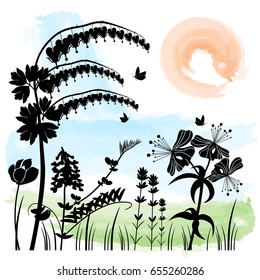 Vector flat illustration of black flower meadow and watercolor background. Element for design.