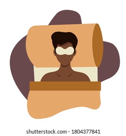 Vektorgrafik eines Schwarzen, der in einer Maske schläft. Gesunde Schlafinformationen, zentrale Illustration. Ein Afroamerikaner schläft in einem Bett auf einem Kissen. Schwarzer Typ in einer Schlafmaske.
