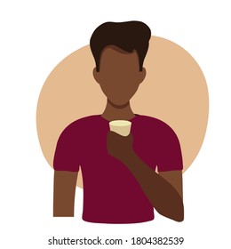 Vector flat illustration of a black man drinking water. Healthy drinking balance, infographics, center illustration. African American man holding a glass of water in flat style. Black guy athlete.