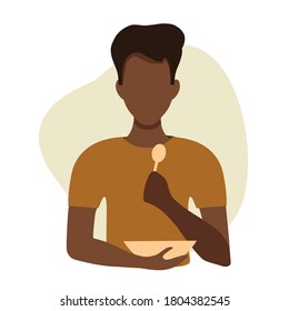 Vector flat illustration of a black man eating. Healthy eating and balance, infographics, center illustration. African American man holding a plate with a spoon in the style of flat. The black guy is