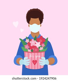 Vector flat illustration black man African American with flowers. Delivery on woman's day.