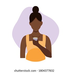 Vector flat illustration of a black pregnant woman drinking water from a glass. Healthy drinking infographics, central illustration. An African American woman drinks water in a flat style. Black girl.