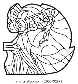 Vector flat illustration of black silhouette zodiac sign. Isolated on white background. Stained glass. Element for design. Ornament. Virgo. Girl.