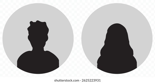 Ilustración plana de Vector. Silueta negra de hombres y mujeres. Avatar, perfil de usuario, icono de persona, imagen de perfil. Adecuado para perfiles de redes sociales, iconos, protectores de pantalla y como Plantilla.
