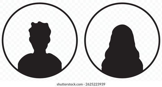 Flache Vektorgrafik. Schwarze Silhouette von Männern und Frauen. Avatar, Benutzerprofil, Personensymbol, Profilbild. Geeignet für Social-Media-Profile, Icons, Bildschirmschoner und als Vorlage.
