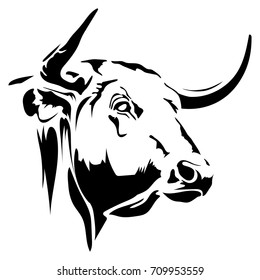 Vector flat illustration of black silhouette head of the bull. Element for design.