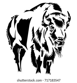 Vector flat illustration of a black silhouette bison. Element for design.