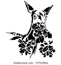Vector flat illustration of a black silhouette deer eating oak leaves. Element for design.