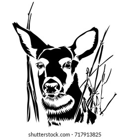 Vector flat illustration of a black silhouette head of a deer with grass. Element for design.