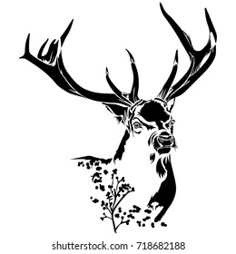Vector flat illustration of black silhouette head of a deer with a flower shrub. Element for design.