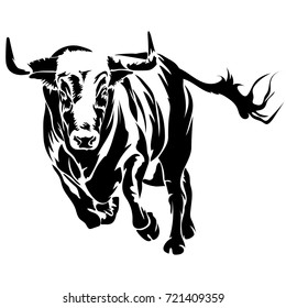 Vector flat illustration of a black silhouette running bull on white background. Element for design. 