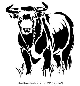 Vector flat illustration of a black silhouette bull on white background. Element for design.